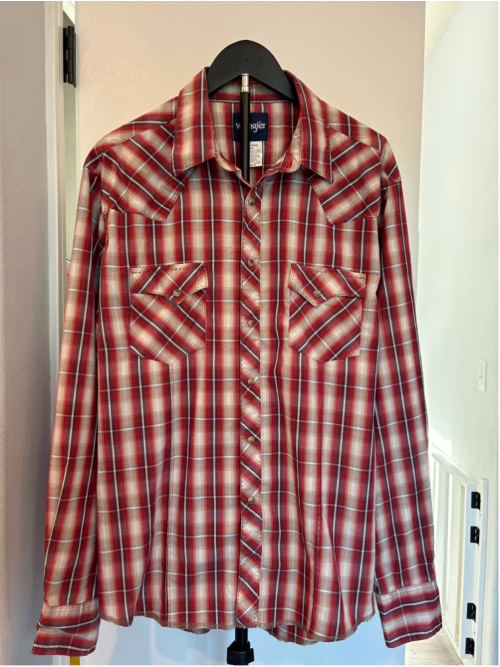 Wrangler Men’s L Western Pearl Snap Shirt Red Plaid Cowboy Long Sleeve